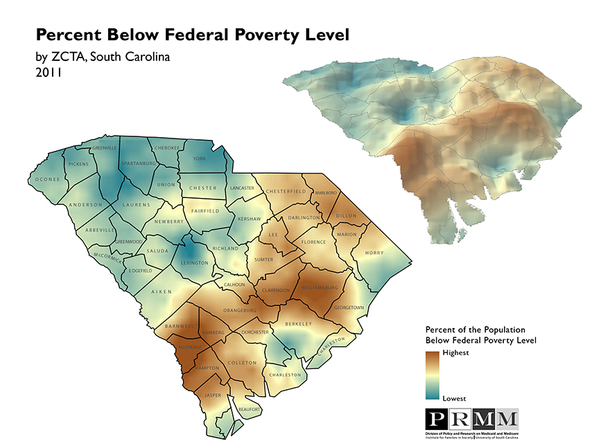 Surface map depictng percent below federal poverty level in SC by ZCTA